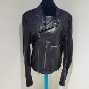 Burberry Brit Genuine Lambskin Leather Moto Jacket Size XXL Black Silver Detail